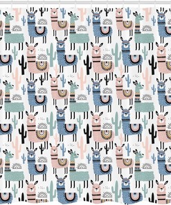 Cartoon Llamas Shower Curtain, South American Animals Hand Drawn Design Cloth Fabric Bathroom Decor, Home Decor Blush/Blue