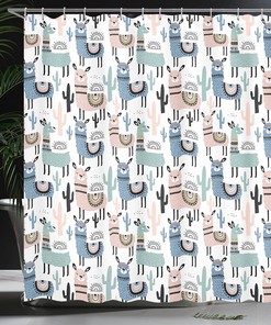 Cartoon Llamas Shower Curtain, South American Animals Hand Drawn Design Cloth Fabric Bathroom Decor, Home Decor Blush/Blue