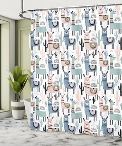 Cartoon Llamas Shower Curtain, South American Animals Hand Drawn Design Cloth Fabric Bathroom Decor, Home Decor Blush/Blue