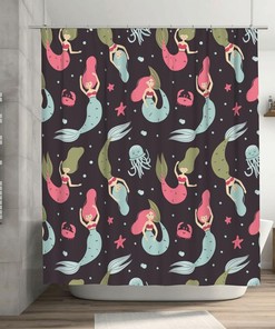 Cartoon Mermaid Black Shower Curtain - Inches