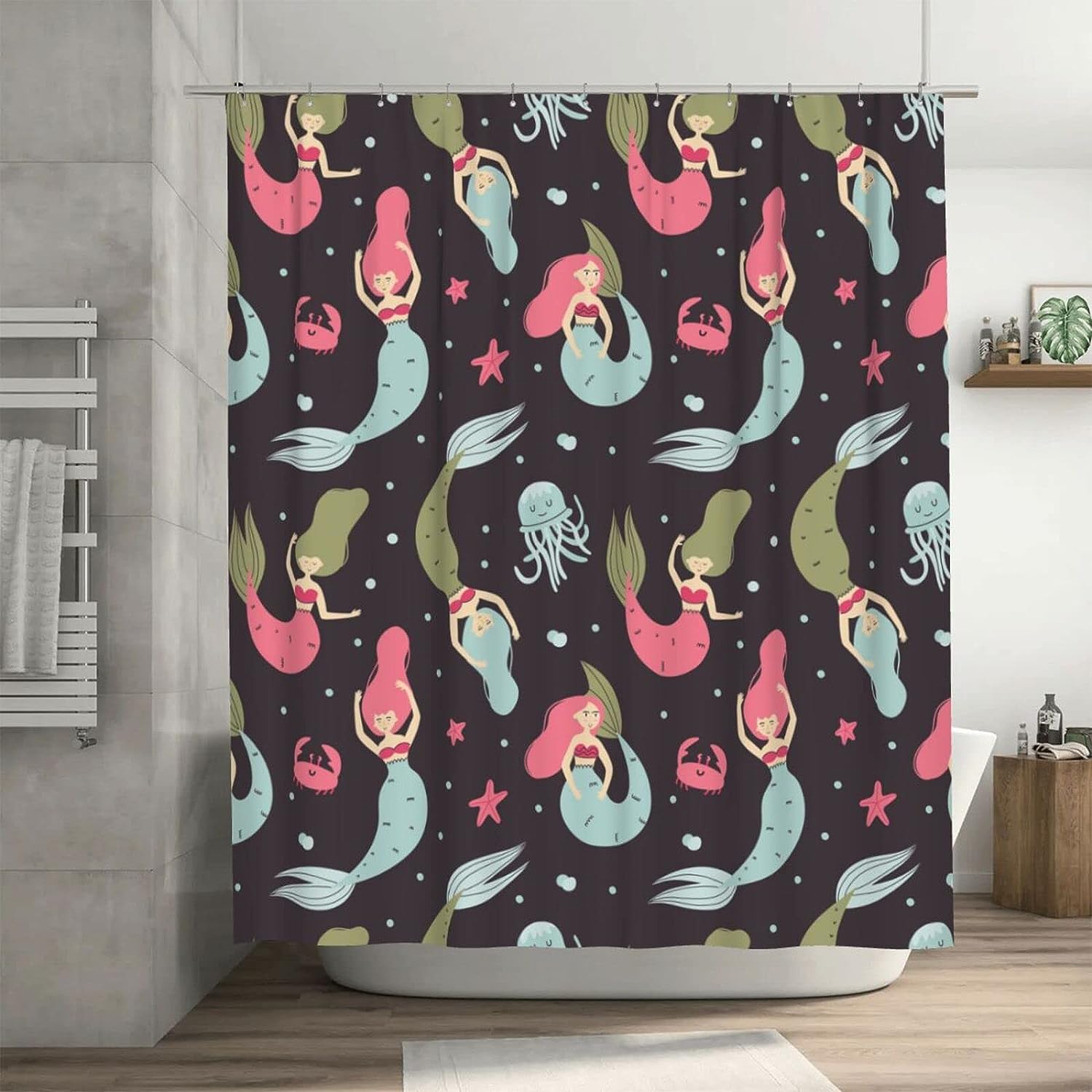 Cartoon Mermaid Black Shower Curtain - Inches