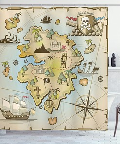 Cartoon Pirate Map Shower Curtain, Treasure Island Kraken Octopus Print for Bathroom Decor, Pale Beige Cloth Fabric