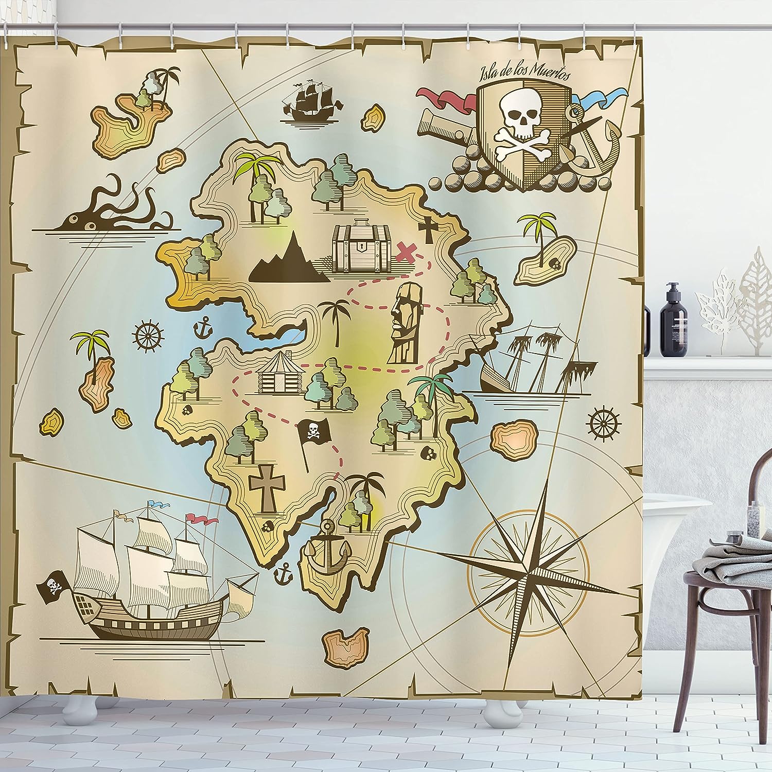 Cartoon Pirate Map Shower Curtain, Treasure Island Kraken Octopus Print for Bathroom Decor, Pale Beige Cloth Fabric