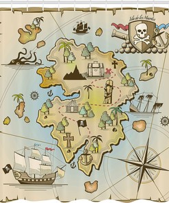 Cartoon Pirate Map Shower Curtain, Treasure Island Kraken Octopus Print for Bathroom Decor, Pale Beige Cloth Fabric