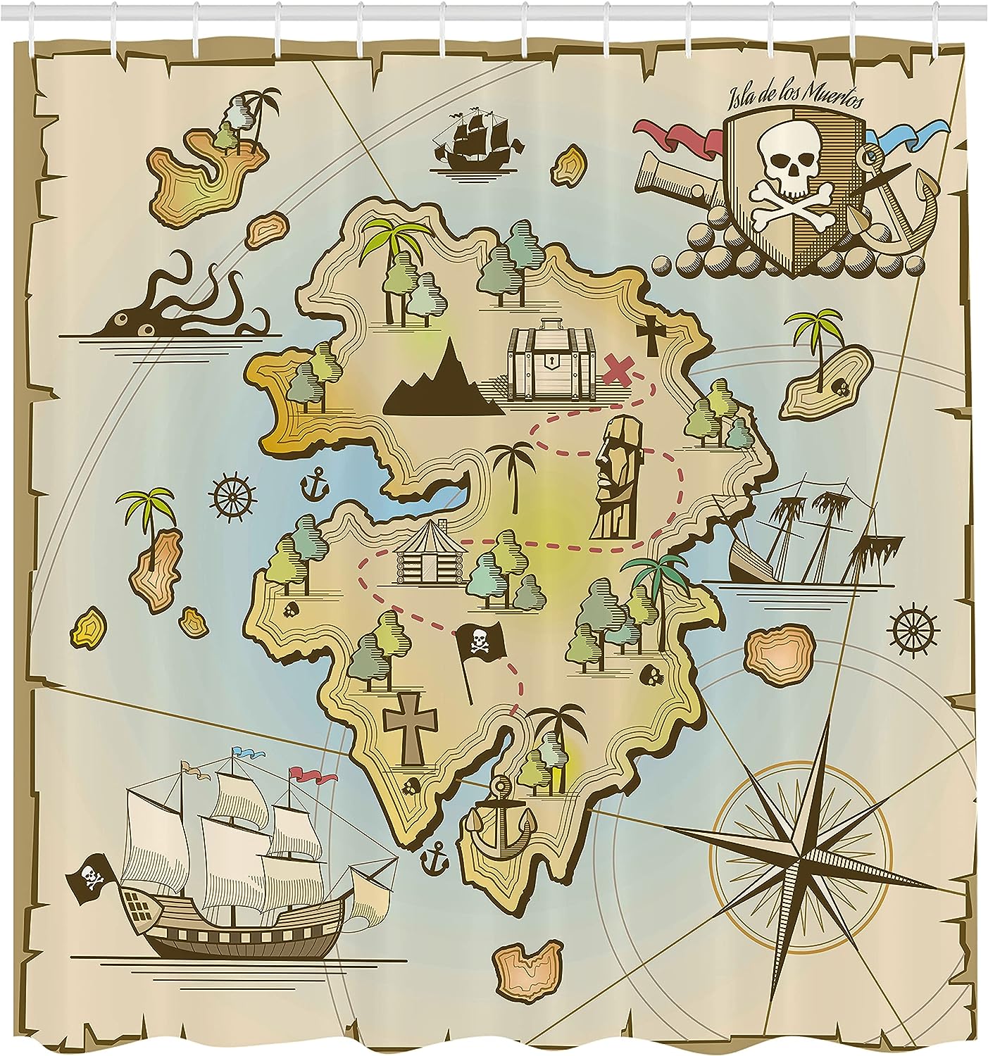 Cartoon Pirate Map Shower Curtain, Treasure Island Kraken Octopus Print for Bathroom Decor, Pale Beige Cloth Fabric