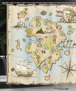Cartoon Pirate Map Shower Curtain, Treasure Island Kraken Octopus Print for Bathroom Decor, Pale Beige Cloth Fabric