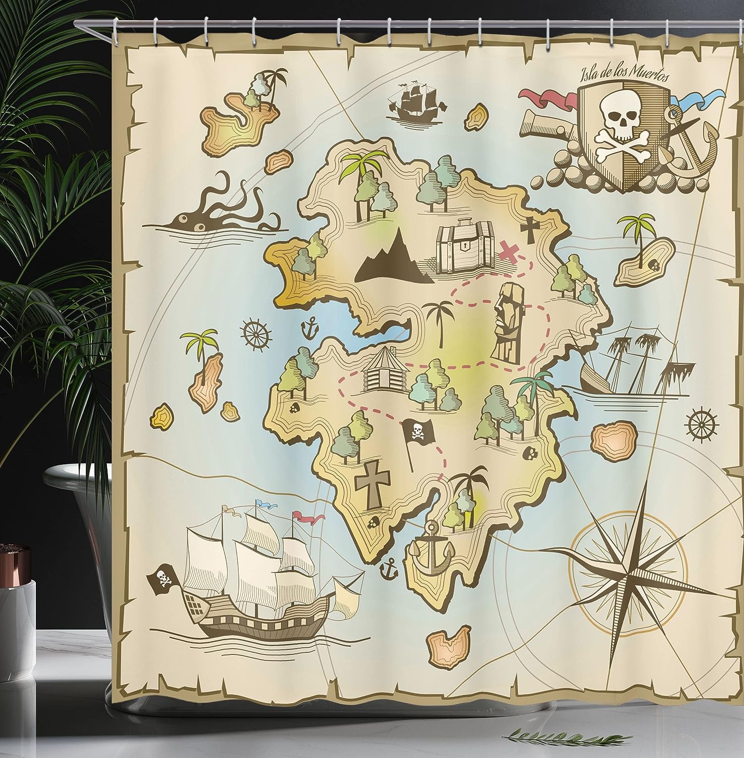 Cartoon Pirate Map Shower Curtain, Treasure Island Kraken Octopus Print for Bathroom Decor, Pale Beige Cloth Fabric