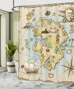 Cartoon Pirate Map Shower Curtain, Treasure Island Kraken Octopus Print for Bathroom Decor, Pale Beige Cloth Fabric