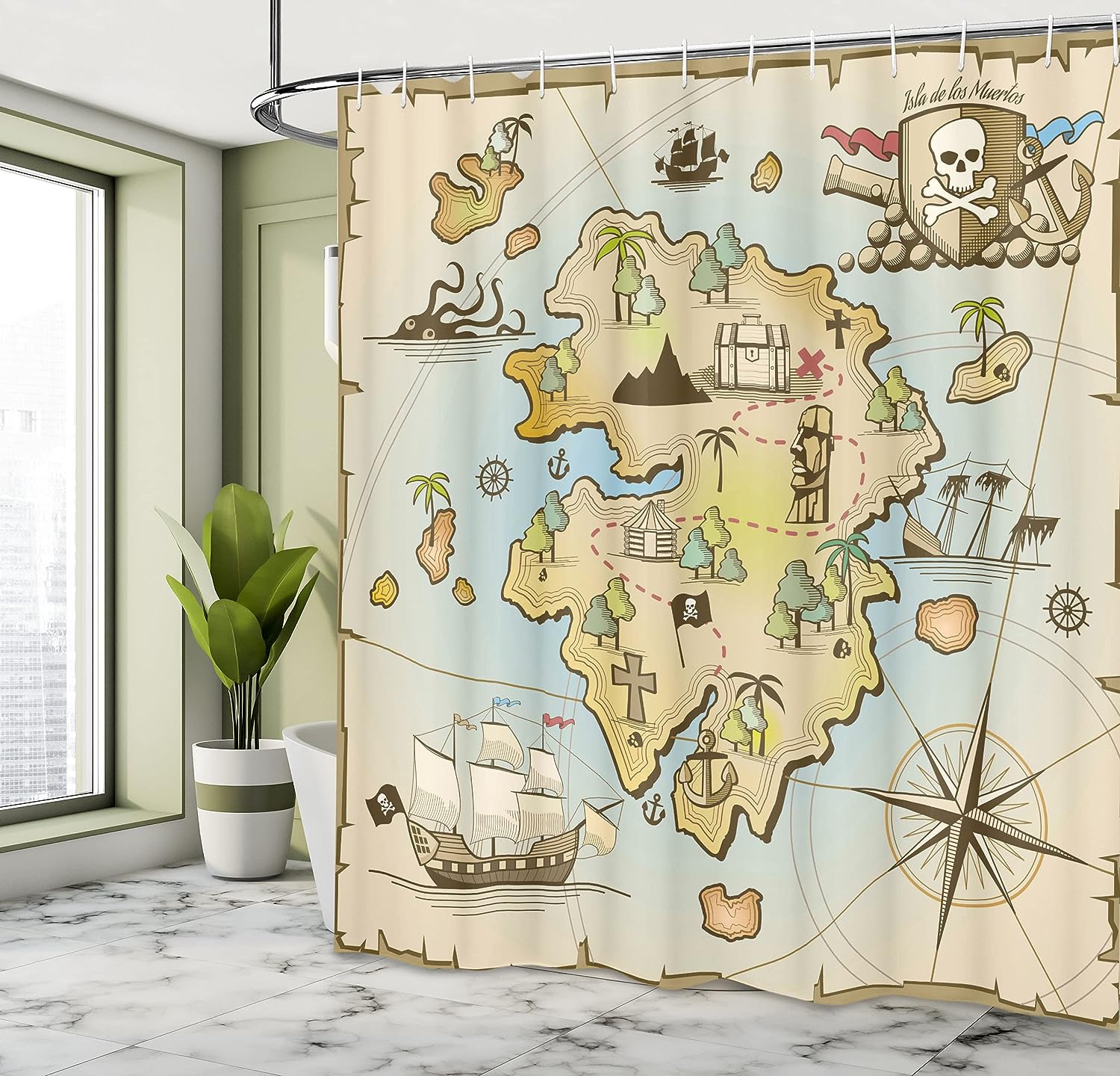 Cartoon Pirate Map Shower Curtain, Treasure Island Kraken Octopus Print for Bathroom Decor, Pale Beige Cloth Fabric