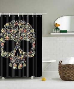 Cartoon Skull and Flowers Black Shower Curtain for Bathroom Decor