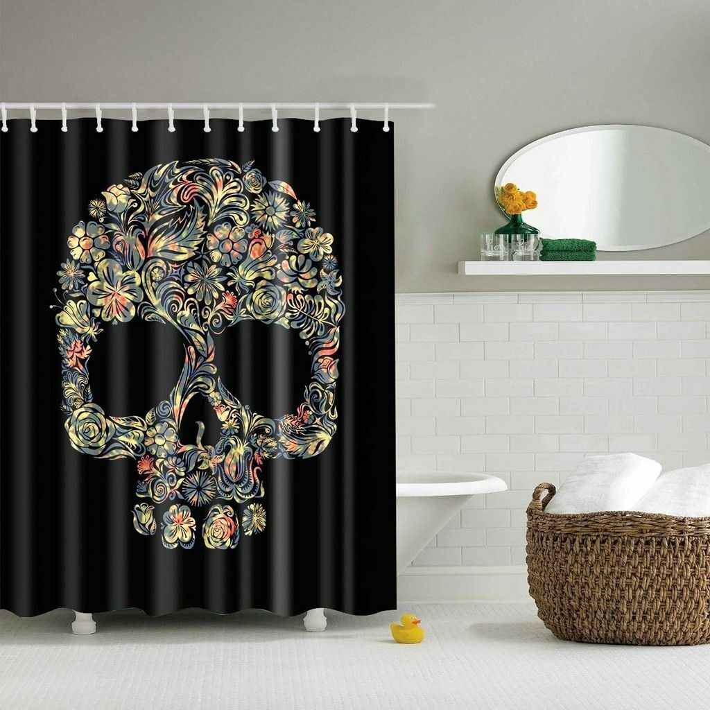 Cartoon Skull and Flowers Black Shower Curtain for Bathroom Decor