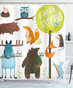 Cartoon Style Forest Animals Shower Curtain with Bear and Deer Print for Bathroom Decor