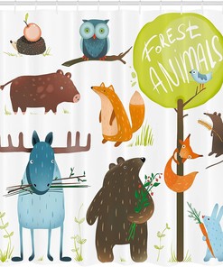 Cartoon Style Forest Animals Shower Curtain with Bear and Deer Print for Bathroom Decor