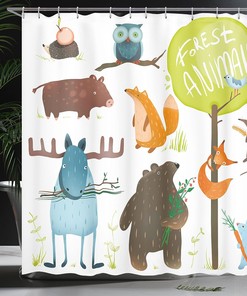 Cartoon Style Forest Animals Shower Curtain with Bear and Deer Print for Bathroom Decor