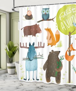 Cartoon Style Forest Animals Shower Curtain with Bear and Deer Print for Bathroom Decor