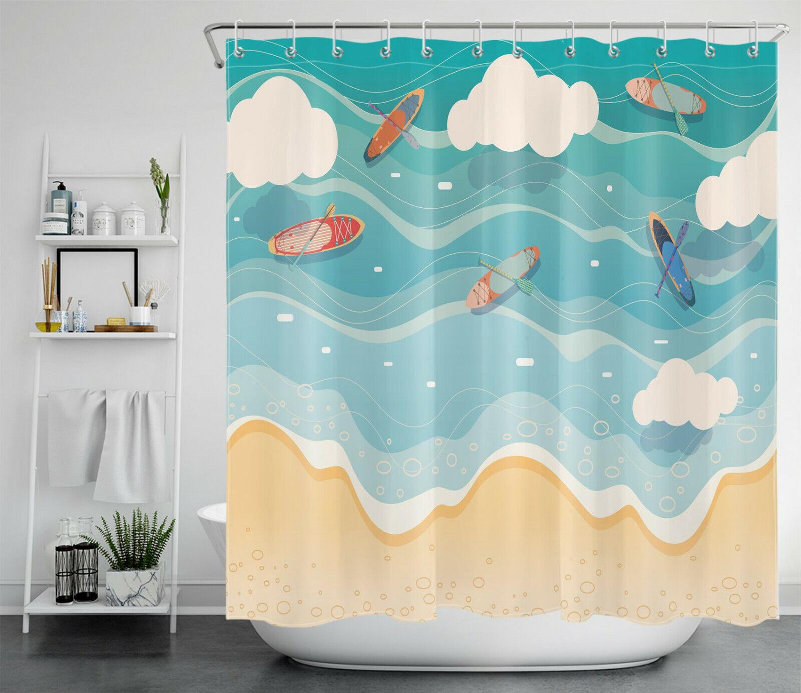 Cartoon Tropical Beach Ocean Shower Curtain for a Fun and Sunny Bathroom Decor