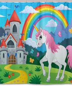 Castle Unicorn Rainbow Shower Curtain for Whimsical Bathroom Decor