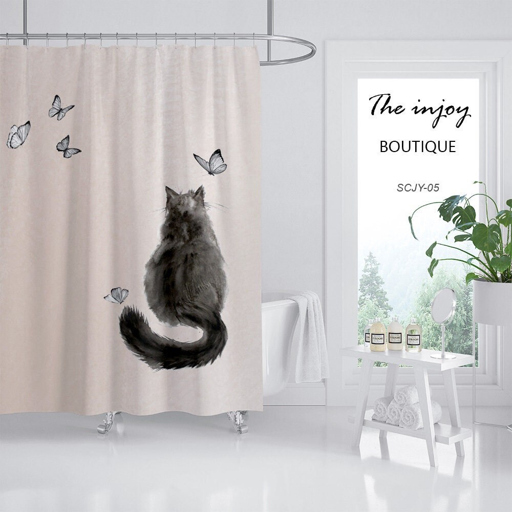 Cat Animal Butterfly Black Shower Curtain for Bathroom Decor