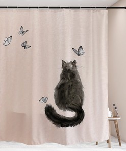 Cat Animal Butterfly Black Shower Curtain for Bathroom Decor