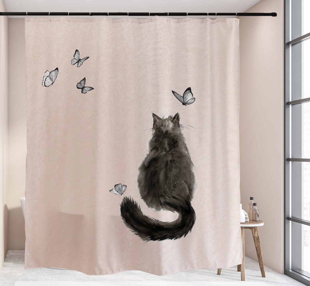 Cat Animal Butterfly Black Shower Curtain for Bathroom Decor