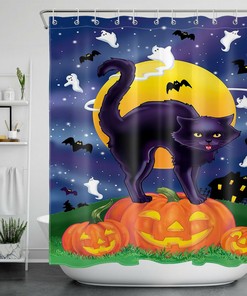 Cat Pumpkin Halloween Shower Curtain for Bathroom Decor