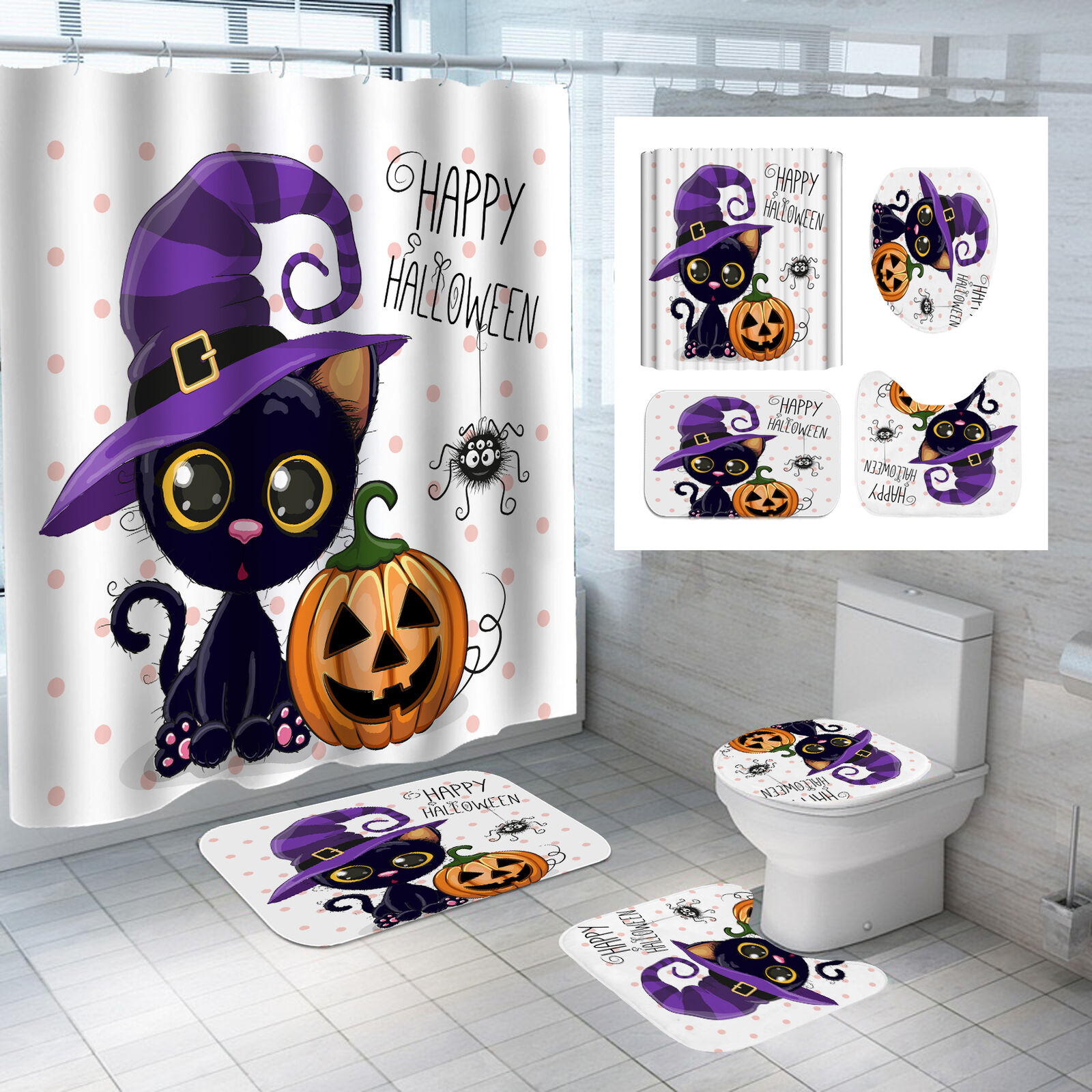 Cat Pumpkin Head Halloween 3D Shower Curtain for a Spooky Bathroom