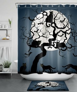 Cat Pumpkin Owl Halloween Full Moon Shower Curtain for Bathroom Decor