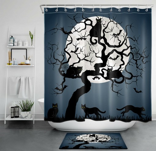 Cat Pumpkin Owl Halloween Full Moon Shower Curtain for Bathroom Decor