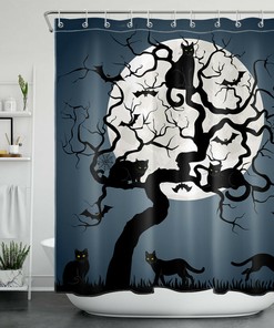 Cat Pumpkin Owl Halloween Full Moon Shower Curtain for Bathroom Decor