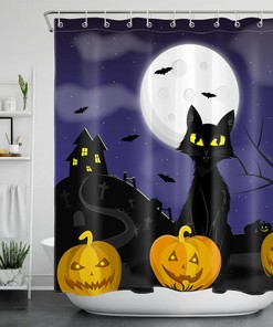 Cat Pumpkin Shower Curtain with Moon Castle for Halloween Bathroom Decor