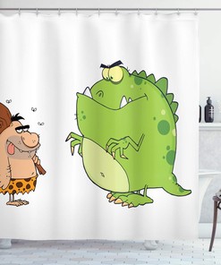 Caveman and Dinosaur Shower Curtain, Comic Style Illustrations Cloth Fabric Bathroom Decor, Home Decor