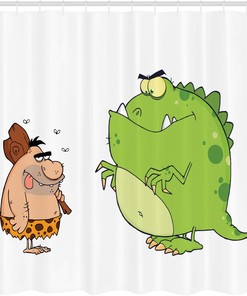 Caveman and Dinosaur Shower Curtain, Comic Style Illustrations Cloth Fabric Bathroom Decor, Home Decor
