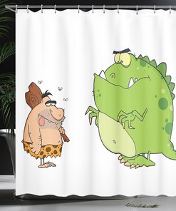 Caveman and Dinosaur Shower Curtain, Comic Style Illustrations Cloth Fabric Bathroom Decor, Home Decor