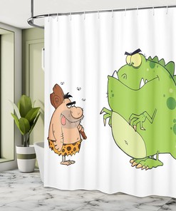Caveman and Dinosaur Shower Curtain, Comic Style Illustrations Cloth Fabric Bathroom Decor, Home Decor