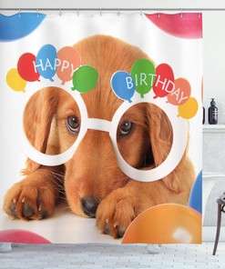 Celebration Puppy Shower Curtain, Birthday Party Theme Art for Bathroom Decor, Multicolor