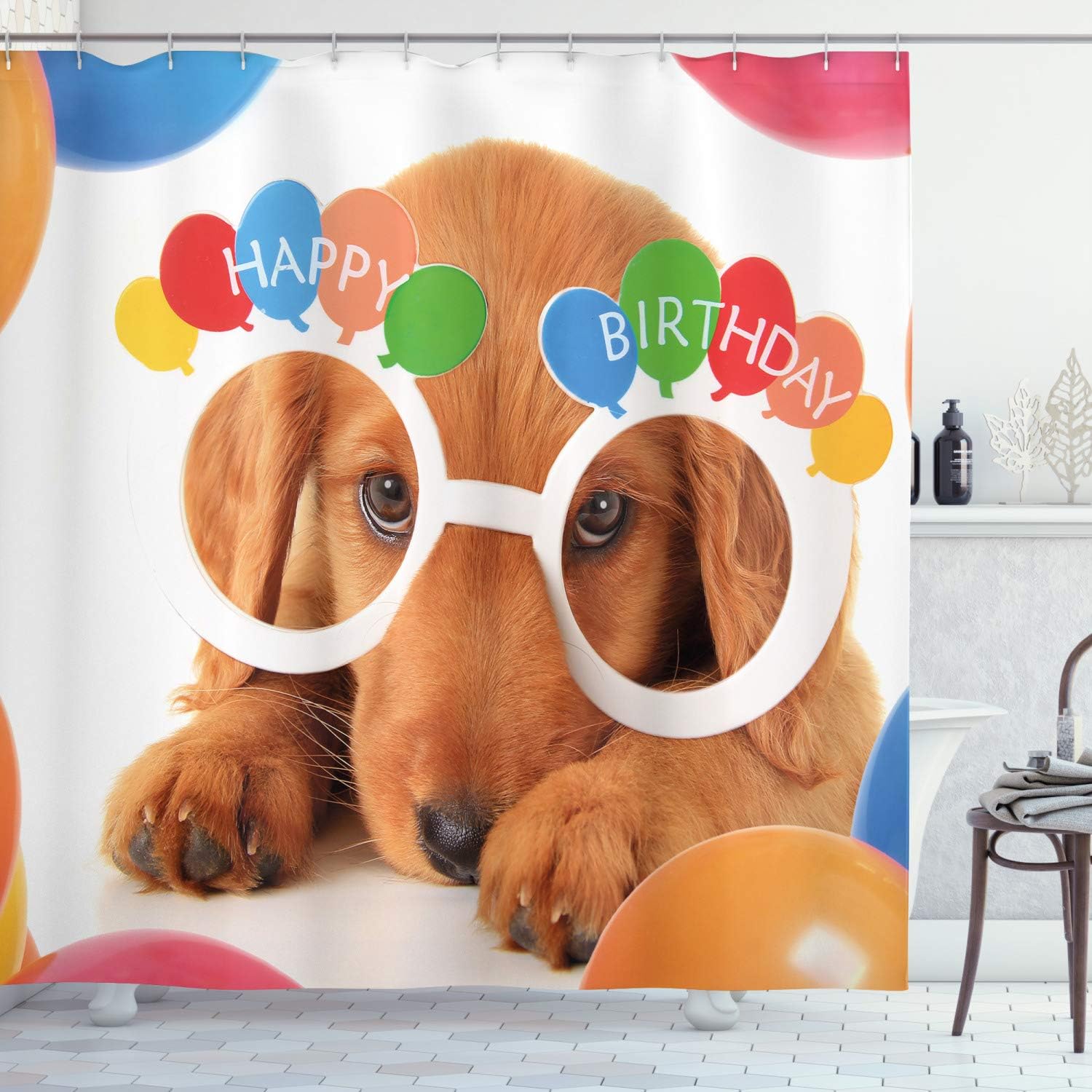 Celebration Puppy Shower Curtain, Birthday Party Theme Art for Bathroom Decor, Multicolor