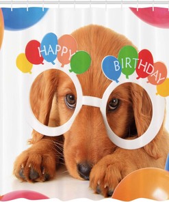 Celebration Puppy Shower Curtain, Birthday Party Theme Art for Bathroom Decor, Multicolor