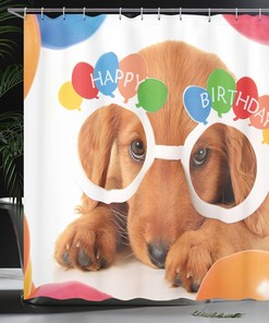 Celebration Puppy Shower Curtain, Birthday Party Theme Art for Bathroom Decor, Multicolor