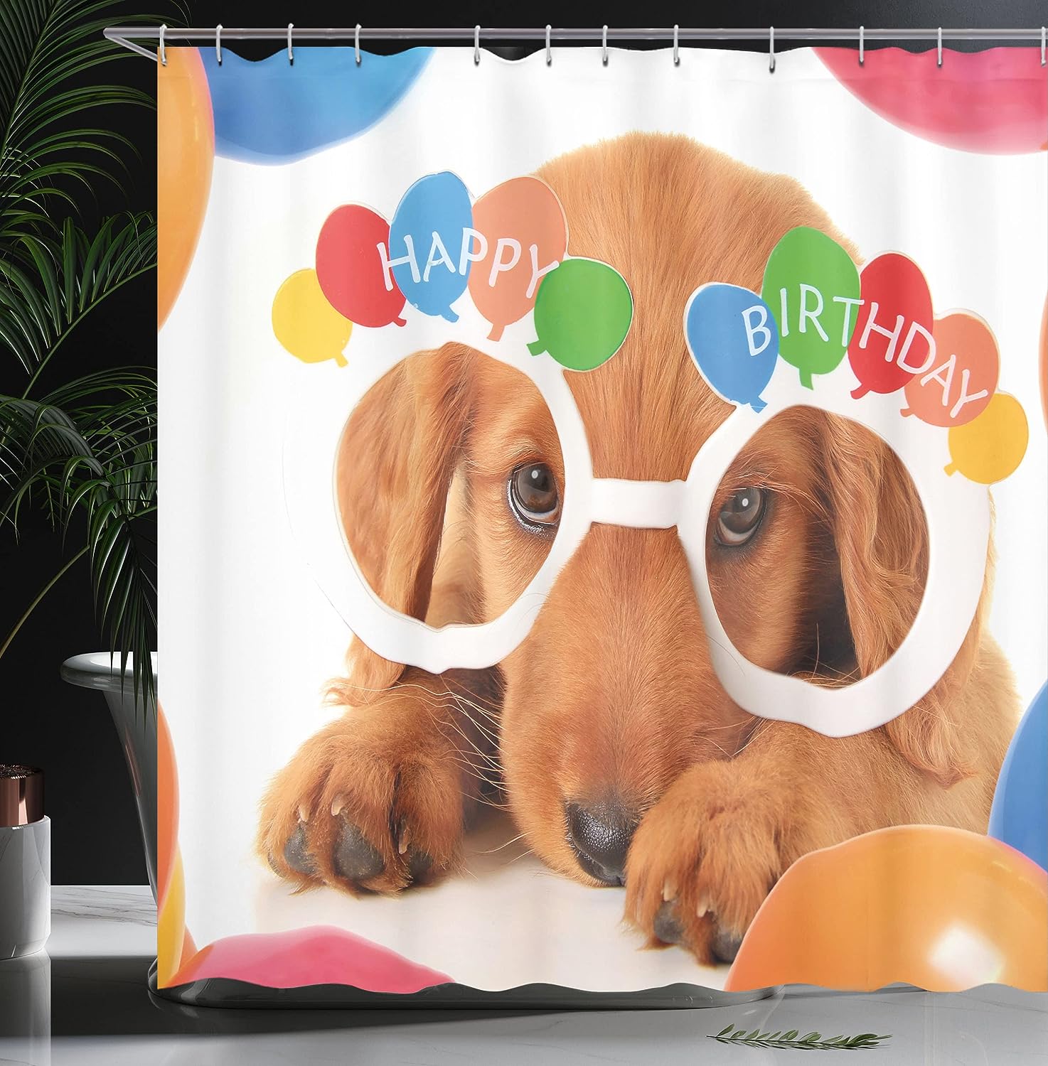 Celebration Puppy Shower Curtain, Birthday Party Theme Art for Bathroom Decor, Multicolor