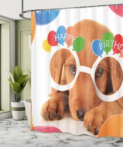 Celebration Puppy Shower Curtain, Birthday Party Theme Art for Bathroom Decor, Multicolor