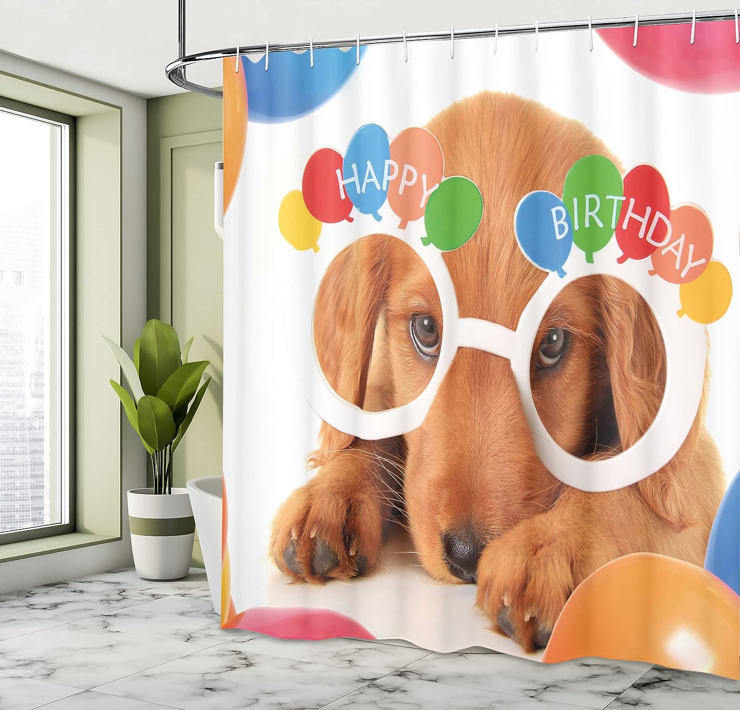 Celebration Puppy Shower Curtain, Birthday Party Theme Art for Bathroom Decor, Multicolor