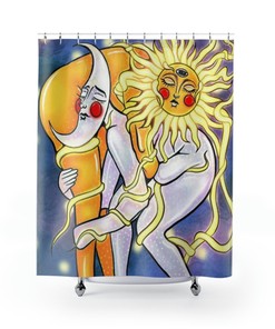 Celestial Abstract Sun and Moon Shower Curtain - Unique Trippy Bathroom Decoration 