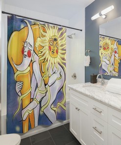Celestial Abstract Sun and Moon Shower Curtain - Unique Trippy Bathroom Decoration