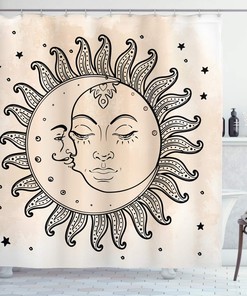 Celestial Composition Shower Curtain, Sun and Moon Cloth Bathroom Decor, Charcoal Grey Tan