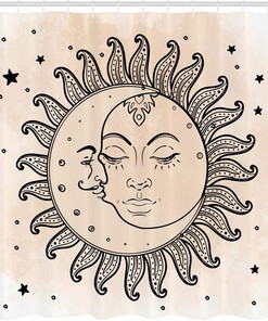 Celestial Composition Shower Curtain, Sun and Moon Cloth Bathroom Decor, Charcoal Grey Tan