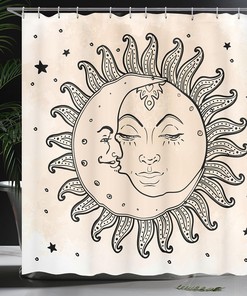 Celestial Composition Shower Curtain, Sun and Moon Cloth Bathroom Decor, Charcoal Grey Tan