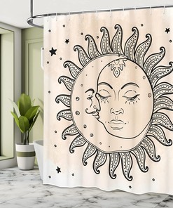 Celestial Composition Shower Curtain, Sun and Moon Cloth Bathroom Decor, Charcoal Grey Tan