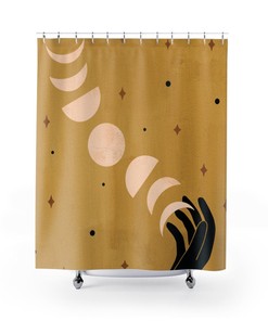 Celestial Cosmic Boho Shower Curtain with Moon Phases and Stars Design