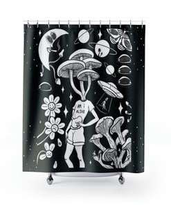 Celestial Mushroom Shower Curtain - Trippy and Psychedelic Bathroom Decor with Black Abstract Art Design