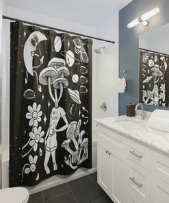Celestial Mushroom Shower Curtain - Trippy and Psychedelic Bathroom Decor with Black Abstract Art Design
